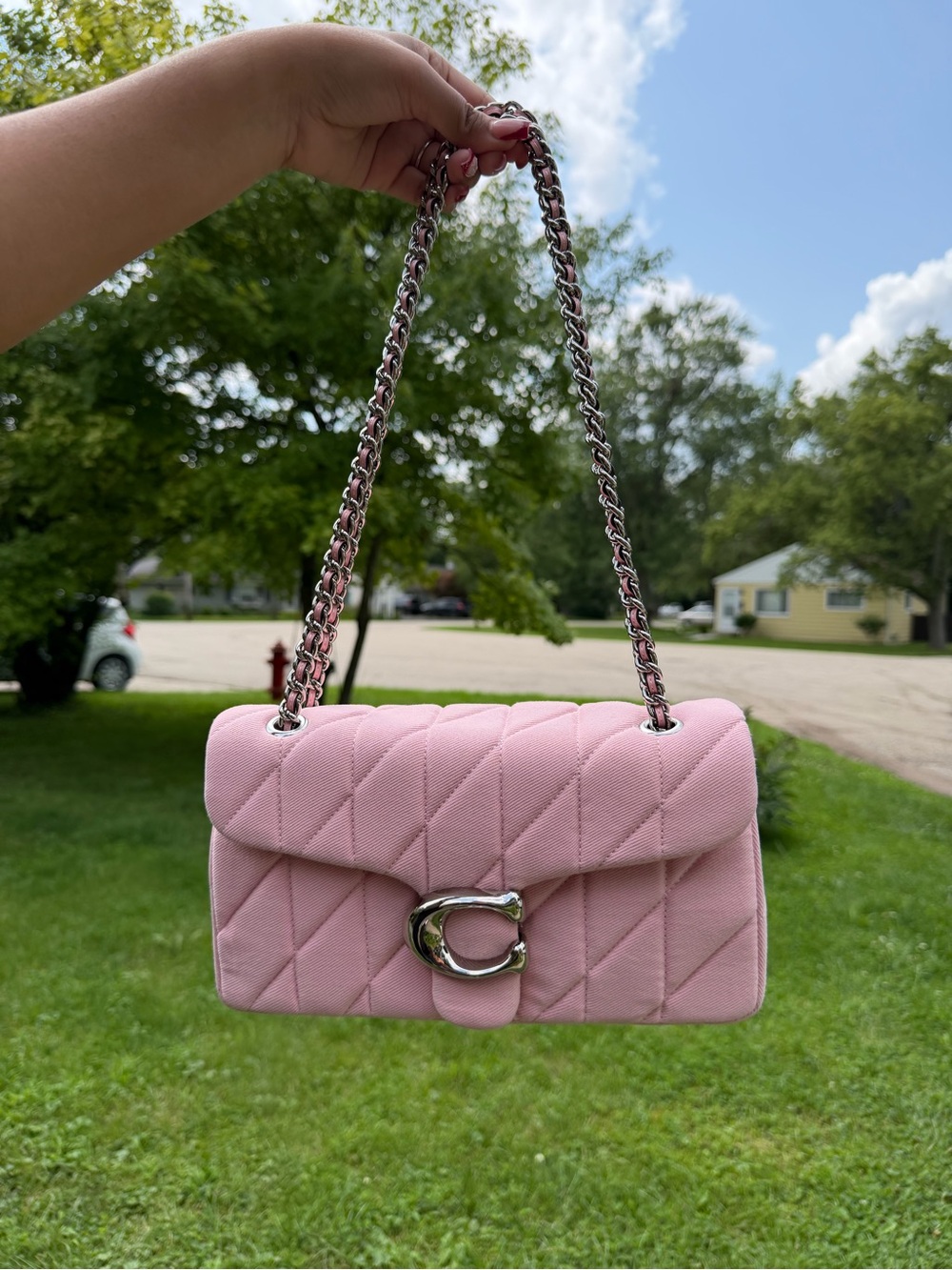 Quilted Pink Shoulder Bag with Silver Chain